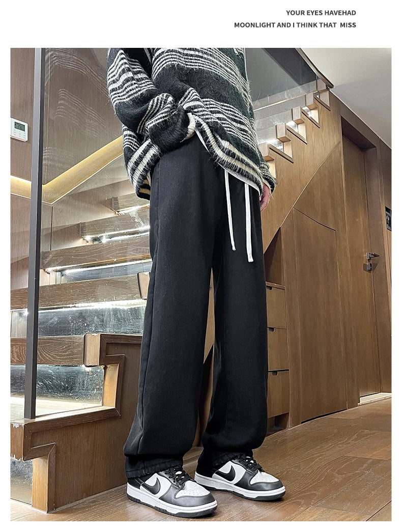 Men's Thicke Fleece Straight Jeans Winter Velvet Thermal Nostalgia Washing Denim Pants Streetwear Elastic Waist Loose Trousers