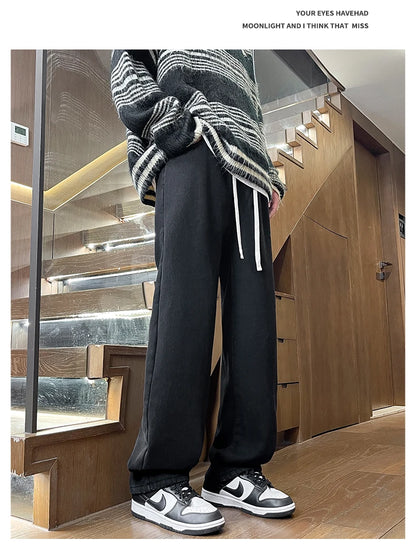 Men's Thicke Fleece Straight Jeans Winter Velvet Thermal Nostalgia Washing Denim Pants Streetwear Elastic Waist Loose Trousers