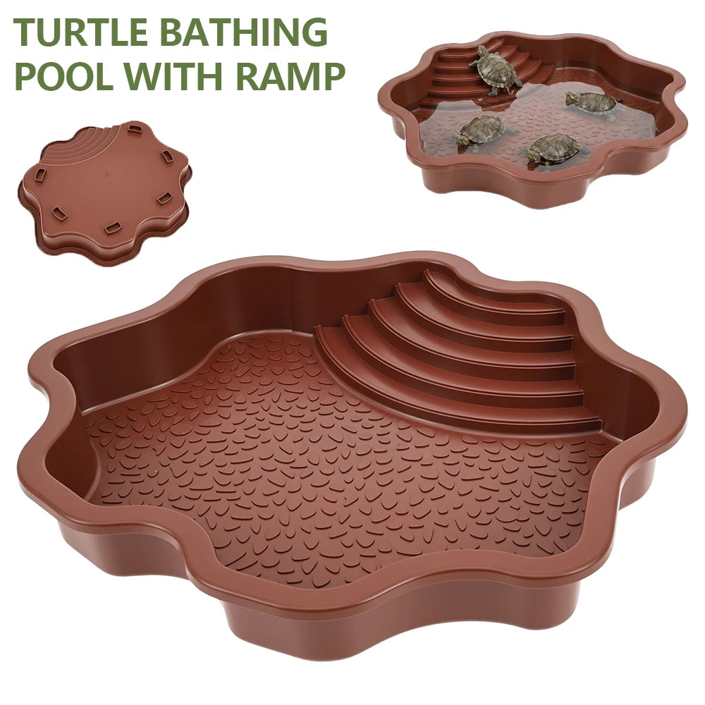 Turtle Bathing Pool Plastic Reptile Water Bowl with Ramp Non Slip Feeding Tray for Tortoise Gecko Frog Snake Terrarium Decor