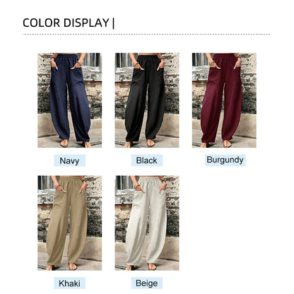 Plus Size Women's Cotton-Linen Harem Trousers Retro Loose-Fit Casual Trousers Elasticated Waistband Workwear Wide-Leg Trousers
