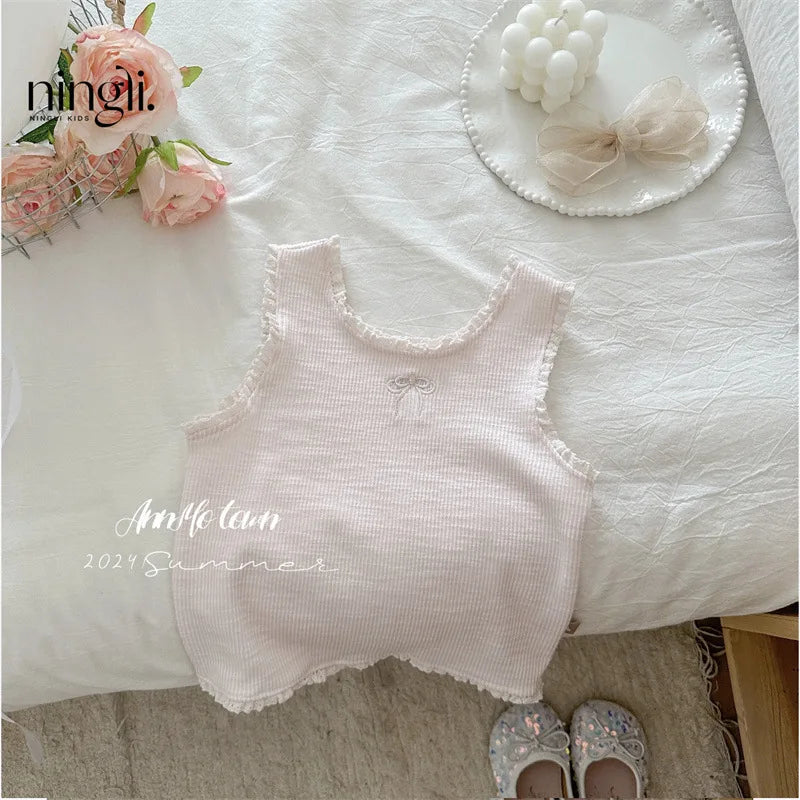 Girls' Ribbed Camisole with Embroidery & Ruffle Trim – Soft Spaghetti Strap Tank Top for Summer, Layering or Beach Wear