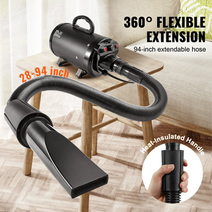 VEVOR 2000W/2.7HP Dog Blow Dryer Adjustable Speed Temperature Control with 4 Nozzles and Extendable Hose for Pet Hair Grooming