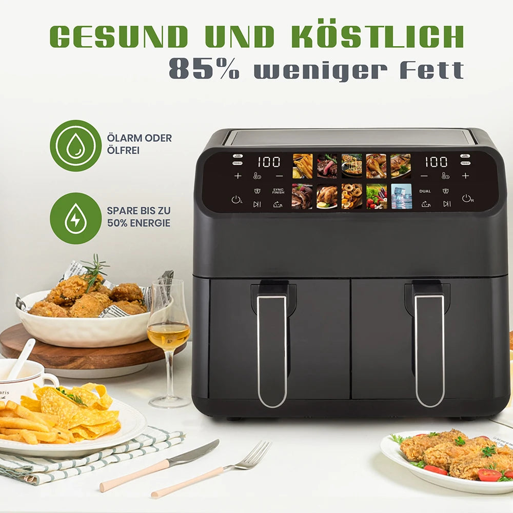 Sinaopus 9L Dual Basket Air Fryer – Oilless Cooker with LED Touch Control & Visible Window, 10-in-1 Multifunction, Family Smart Air Fryer Oven for Home