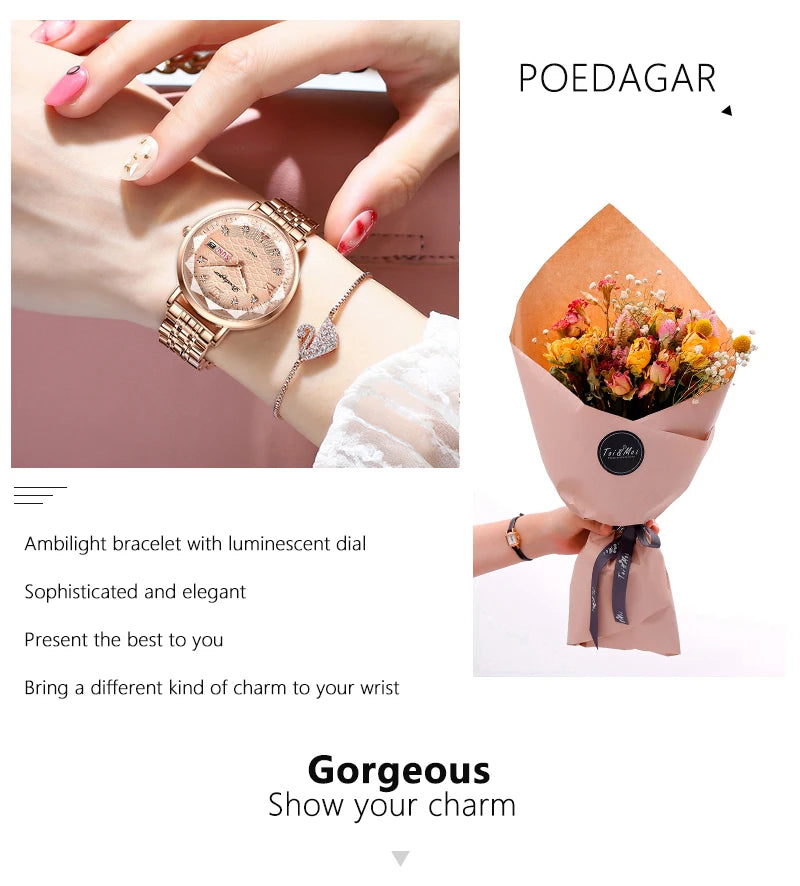 POEDAGAR Watch Women New Fashion Luxury Stainless Steel Wristwatch Bracelet Simple Rose Gold Waterproof Luminous Ladies Watches