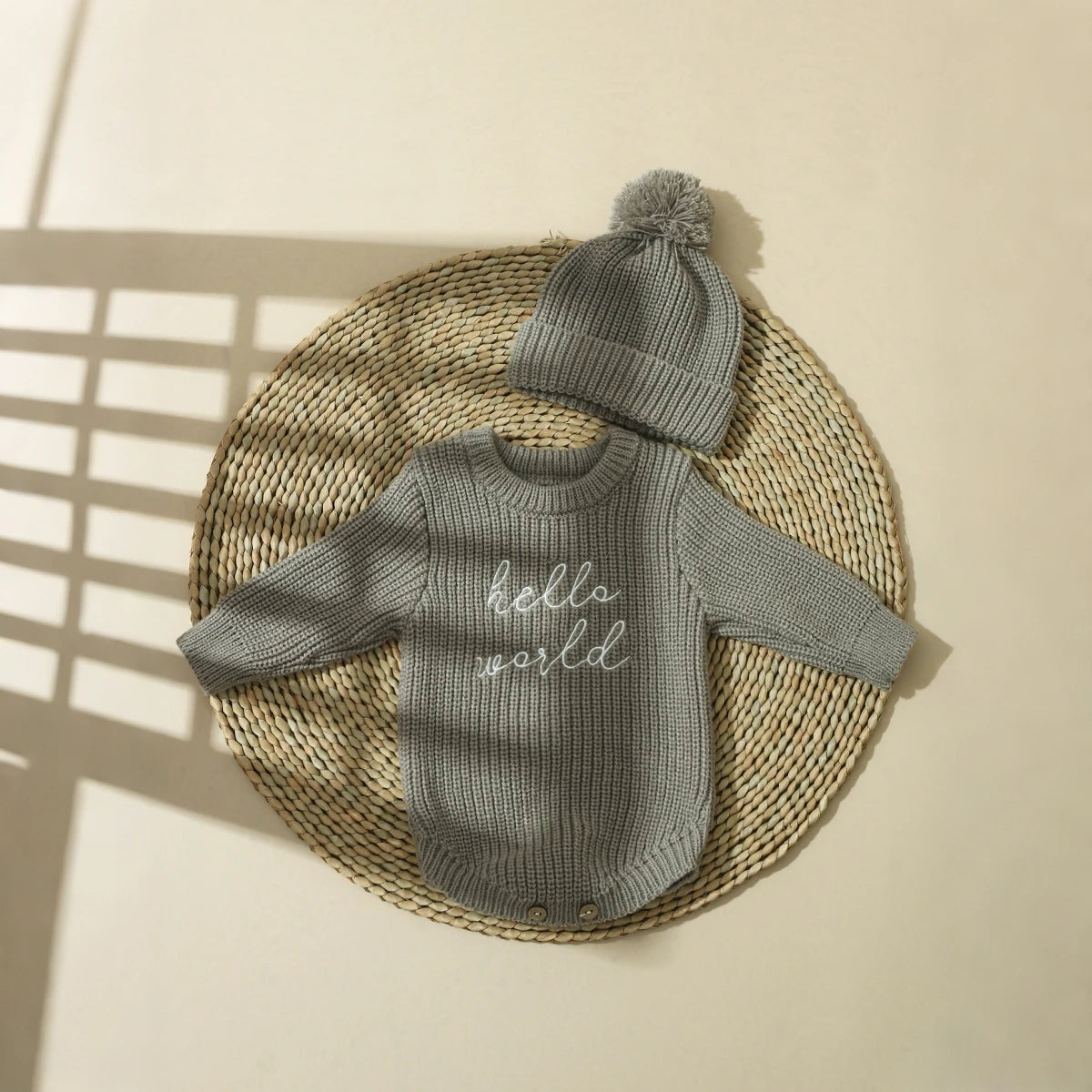 Ylsteed Hello World Knitting Newborn Photography Romper with Matching Pomp Hat Baby Boy Girl Sweater Outfits for Photo Shooting