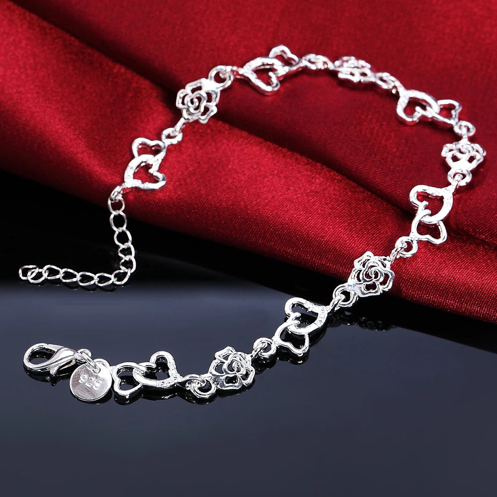 Beautiful 925 Sterling Silver Bracelet for Women Bracelet HEART Lovely Flower Chain Fashion Wedding Party Cute Lady Nice Jewelry