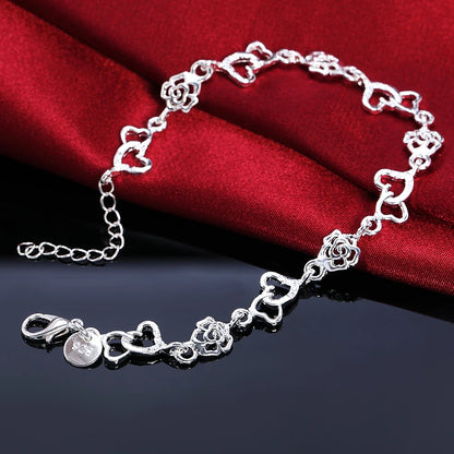 Beautiful 925 Sterling Silver Bracelet for Women Bracelet HEART Lovely Flower Chain Fashion Wedding Party Cute Lady Nice Jewelry