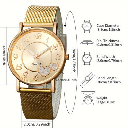 6PCS/Set Fashion Heart Women's Watch Plastic Band Analog Golden Quartz Watches Butterfly Jewelry Set(Without Box)