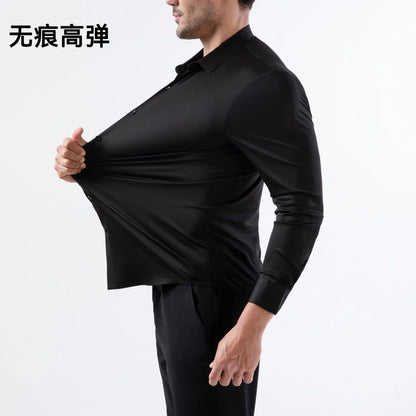 100KG Non-Iron Four-way High Stretch Men's Long Sleeve Shirt Silky Soft Sommth Blue Black Business Party Wedding Male Clothing