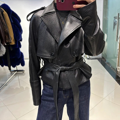 YOLOAgain Vintage Grain Leather Jacket Women Real Leather Sheepskin Jacket With Belt