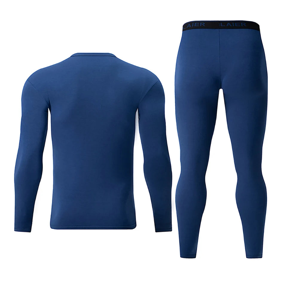 2-piece Men's Autumn And Winter Solid Color Round Neck Fashionable Printed Sports Thermal Underwear Set Simple And Comfortable