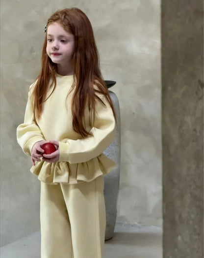 2026 Autumn Winter New Children Clothing Korean Girls Casual Lace Wide Leg Pants Set Children Round Collar Hoodie Two Piece Set