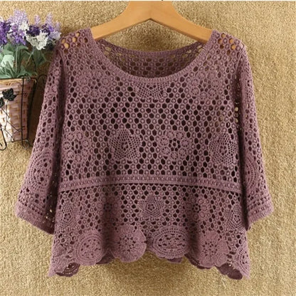 Women's Summer Short Jacket 2025 New Pullover Round Neck Knit Female Sweater Top Loose Fashion Hollowing Out Ladies Lace Tops