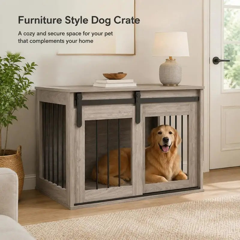 Cage Caisse for Dog Animals Interior Sliding Door, Metal Effect Wood, Dim. 57H X 80W X 54L cm