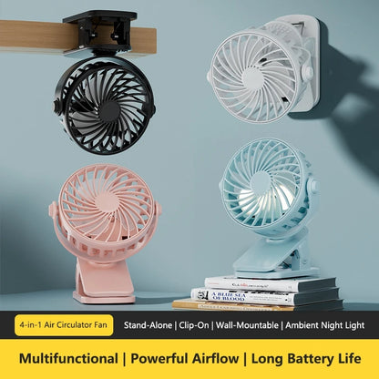 Mini Clip Fan 720°Rotation Built-in Night Lamp USB Rechargeable Powerful Airflow Portable Cooling Fan For Travel Camping Outdoor