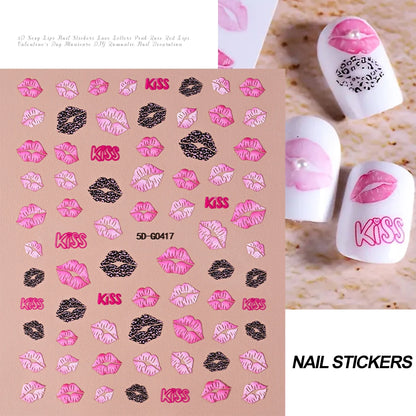 1sheet 5D Sexy Red Lips Nail Decal Stickers KISS Love Heart Valentine's Day Self-adhesive Nail Slider DIY Romantic Nail Decor