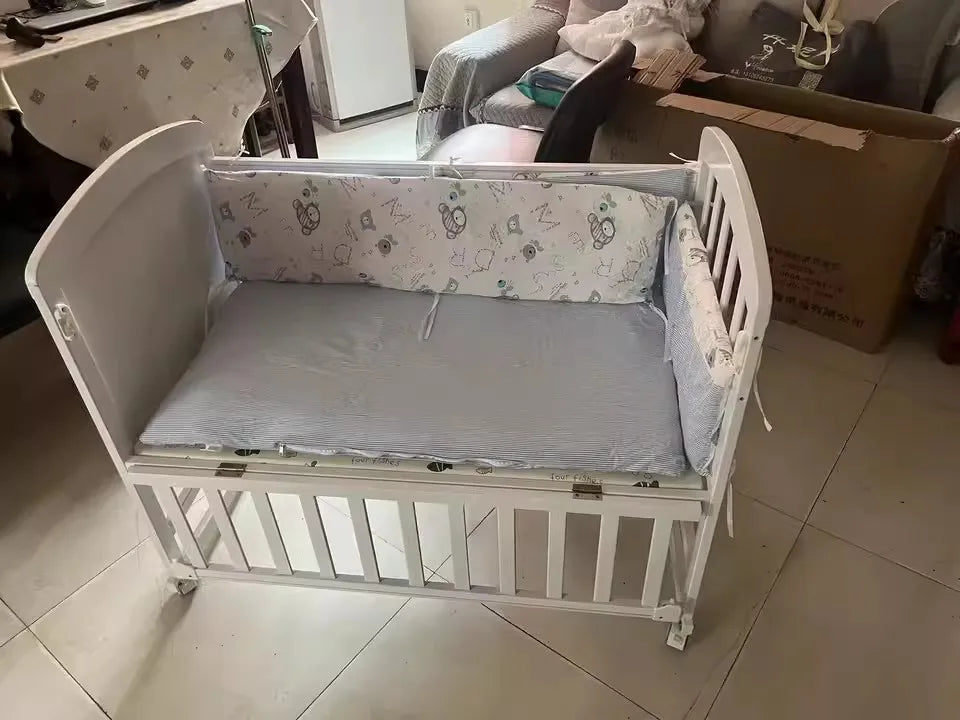 Wood Baby Crib With Mosquito Net And Diaper Table Convert To Kids Bed, Bedding Set, Baby Cot, Bed, Rocker Mattress