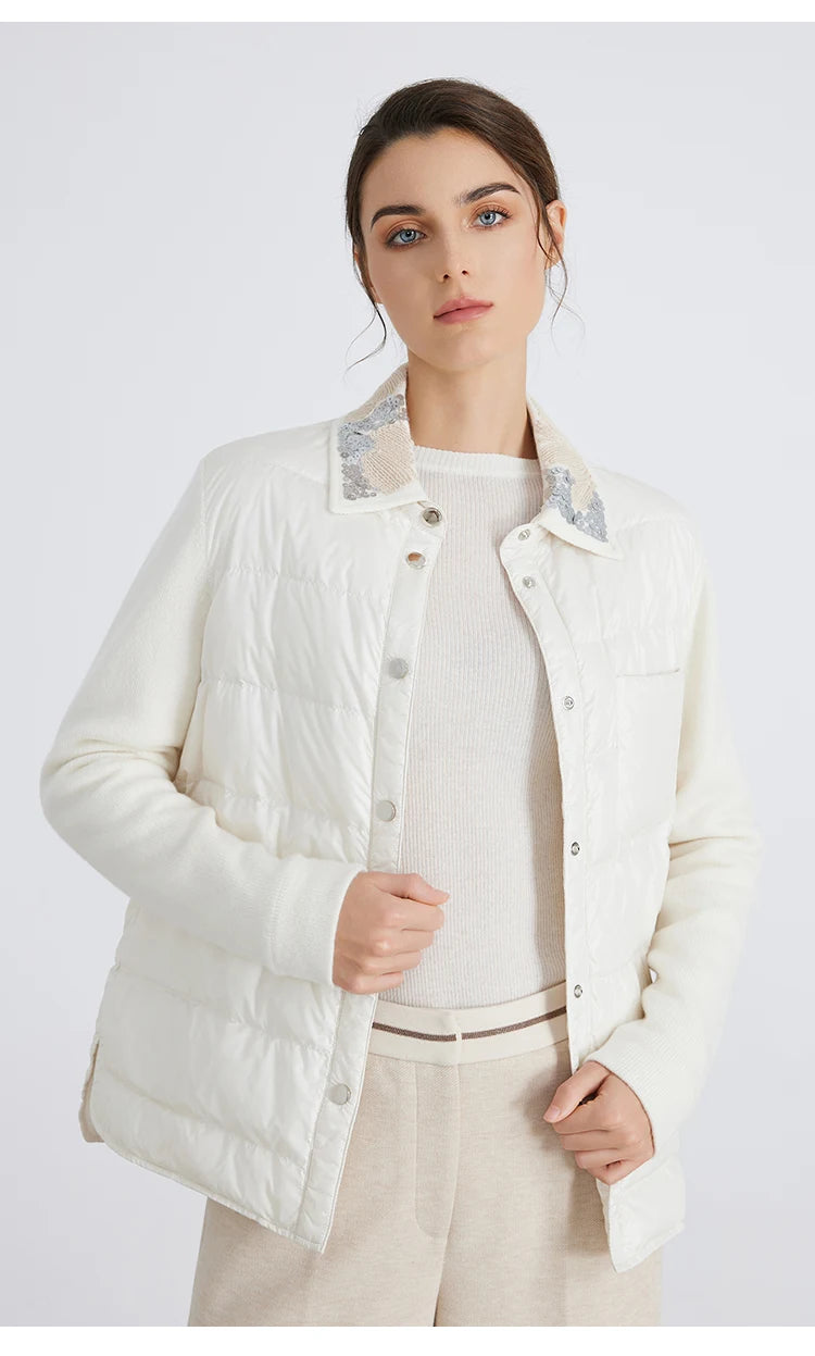 BC911 Polo Collar Spliced 100% Cashmere Long Sleeve Single Breasted White Goose Down Jacket for Women