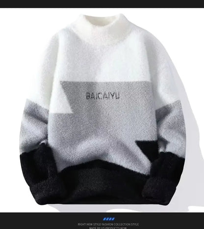 New Men's Plush Sweater Pullovers Korean Winter Warm O Neck Colorblock Sweater High Quality Cool Top Fashionable Men's Clothing