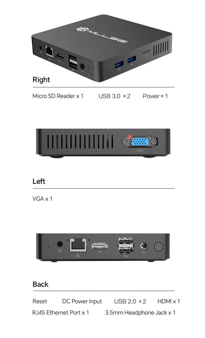 Mini PC MLLSE M2 Pro, processor Intel J3710, 8 GB RAM, ROM Go, Wi-Fi 5, BT 4.2, Windows 10 miniature desk computer