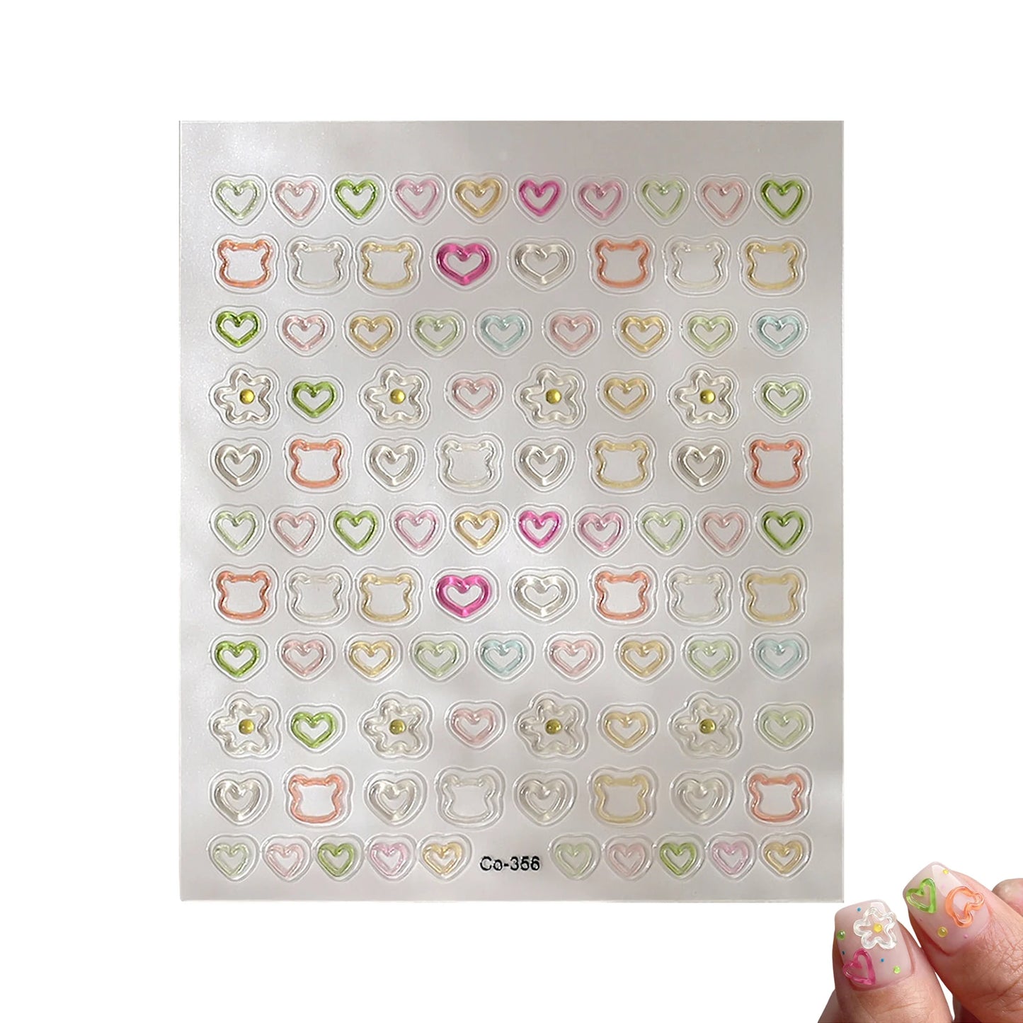 3D Embossed Nail Stickers - Cute Hollow Bear Heart Flower Decals Self-Adhesive Nail Art Sticker for Women Girls DIY Manicure