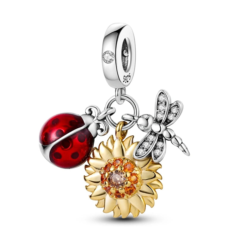 Original 925 Sterling Silver Charm Beads Clover Sunflower Tulip Carnation Pendant For Women Jewelry Fashion Gift