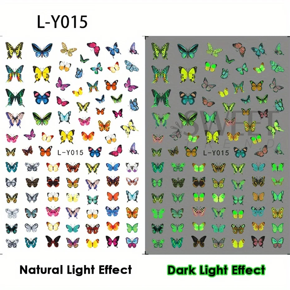 3pcs Luminous Butterfly Nail Decal Stickers Colorful Blue Butterfly Series Design Glow In The Dark Night Polish Sliders Manicure