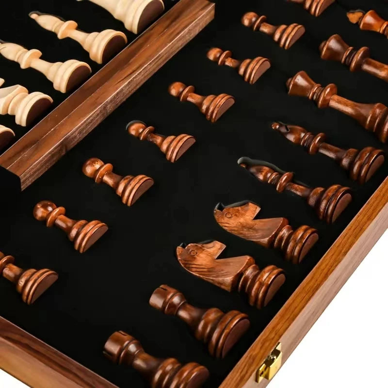 15 colių x 15 colių aukščiausios klasės sulankstomas šachmatų rinkinys, aukščiausios kokybės klasikinis rankų darbo medinis figūrų rinkinys, riešutmedžio šachmatų lenta, dovana vaikams, stalo žaidimas