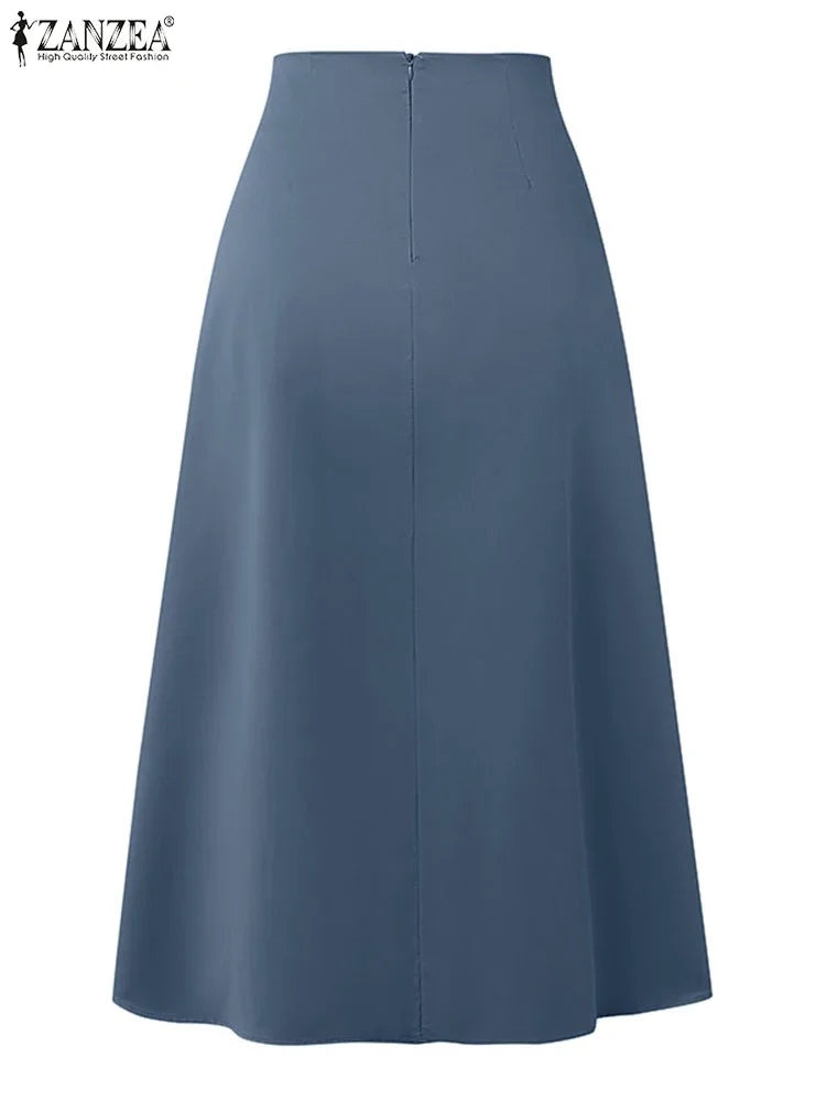 ZANZEA Fashion Holiday Faldas Mujer Casual Women Solid Color High Waist Jupe Femmes Elegant Commute Pleated Front Midi Skirts