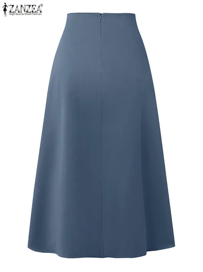 ZANZEA Fashion Holiday Faldas Mujer Casual Women Solid Color High Waist Jupe Femmes Elegant Commute Pleated Front Midi Skirts