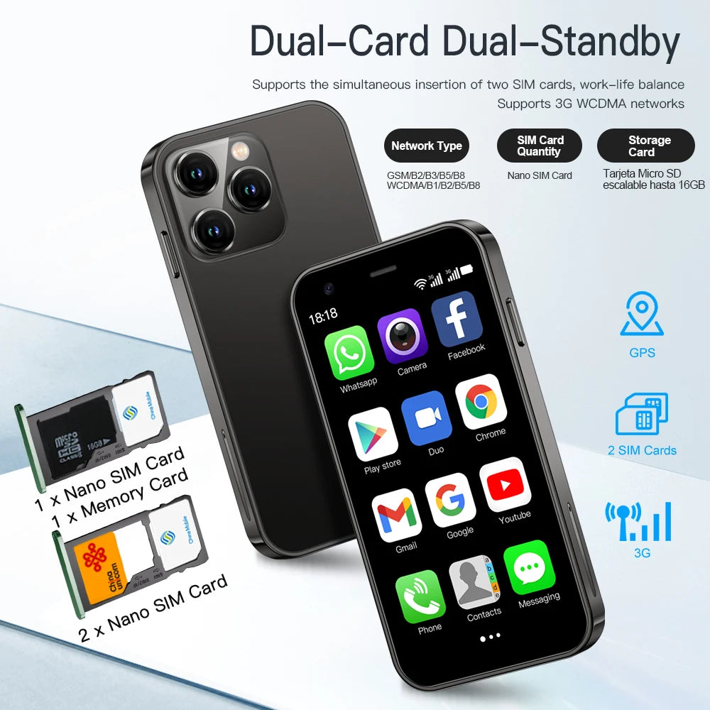 SERVO 15SE Mini Smartphone 3G WCDMA Android System WiFi Hotspot Play Store 3.0" Display Small Palm Smart Phones Dual SIM Standby