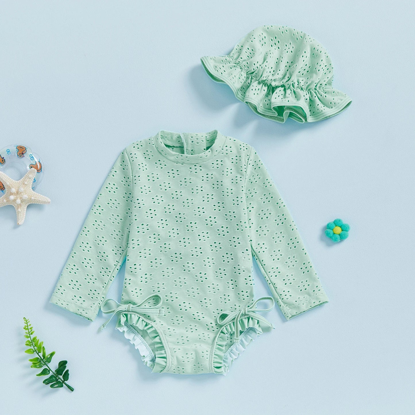 Infant Baby Girl Eyelet Swimsuit with Swimming Hat Toddler 2 Pcs Set Long Sleeve Round Neck Ruffled Romper Kids Bathing Suit