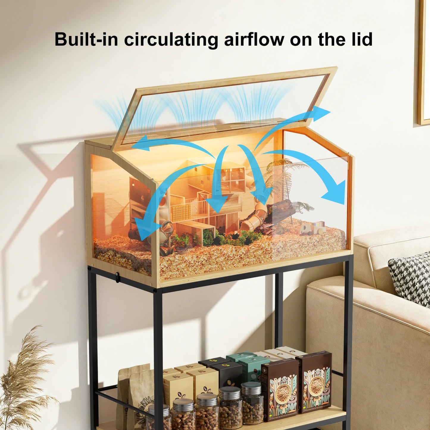 Large Wooden Hamster Cage Clear Tempered Glass Pet Small Animal Habitat Cage Playful Hutch House