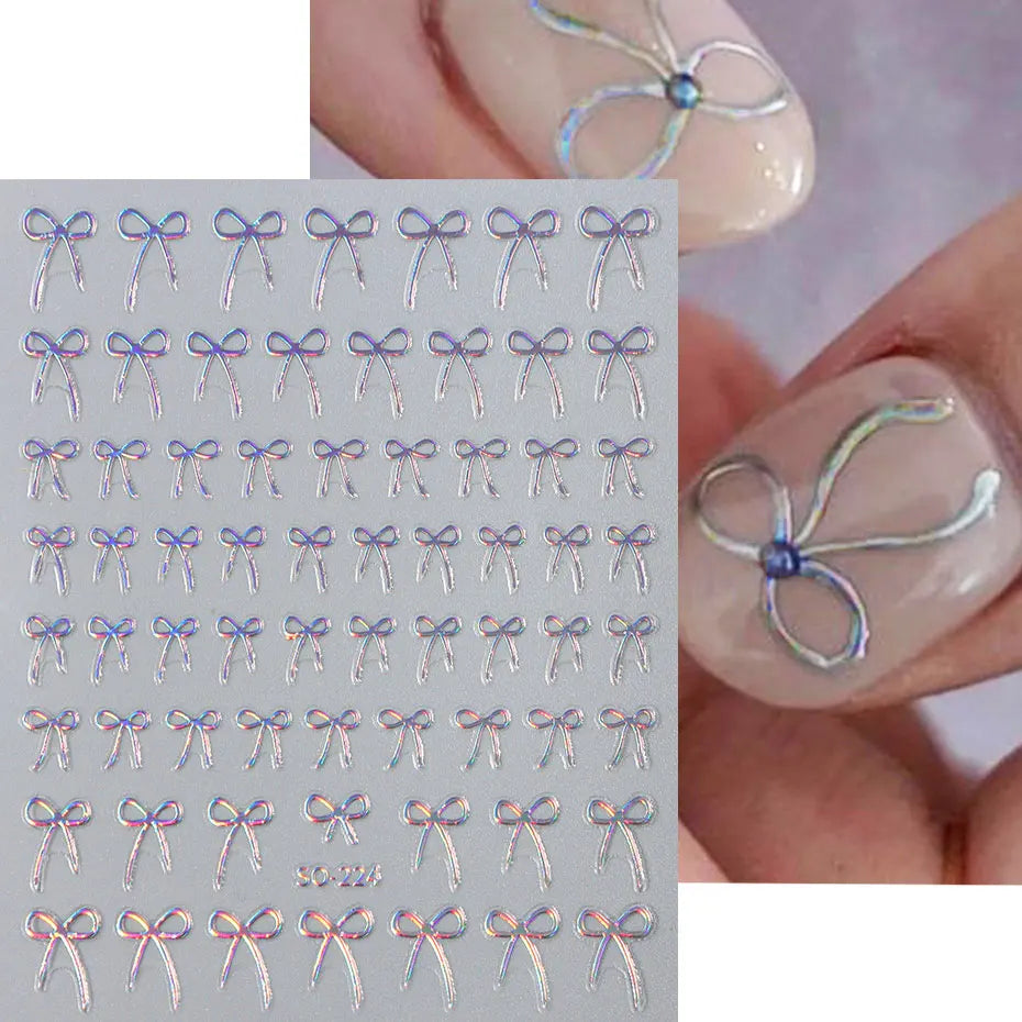 8pcs Mixed Color Bow Nail Art Stickers 3D Cute Red Black Pink bowknot Nail Charms Foils Y2K Gold Laser Effect Bow Manicure Decor