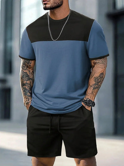 New European & American Style Men's Summer Loose-Fit Set Men's Crew Neck Short-Sleeve Top & Athletic Casual Shorts Two-Piece Set