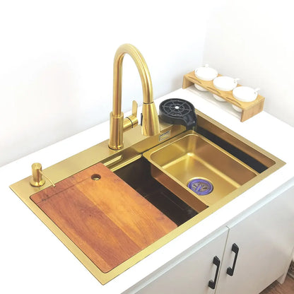 Gold Waterfall Faucet Kitchen Sink Nano Sink 304 Stainless Steel Golden Topmount Single Bowl Wash Basin 4 Function Kitchen Faucet