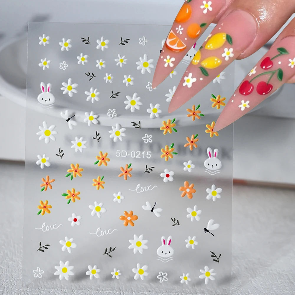 5D Pink Blue Floral Nail Art Stickers Petals Leaf Plant Embossed Nail Decals Spring Summer Flower Design for DIY Nail Supplies