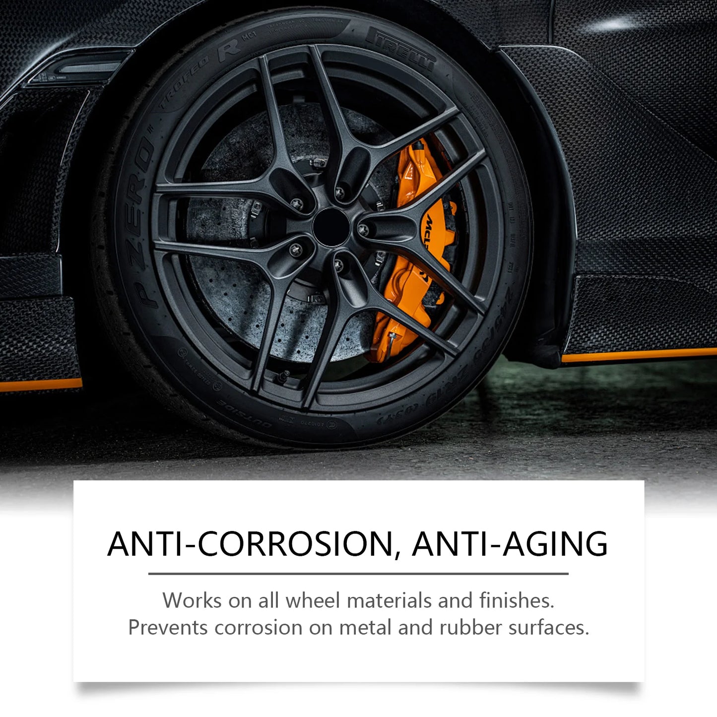 Car tire cleaner, tire care; removes brake dust and road grime; protects the tire surface; long-term care
