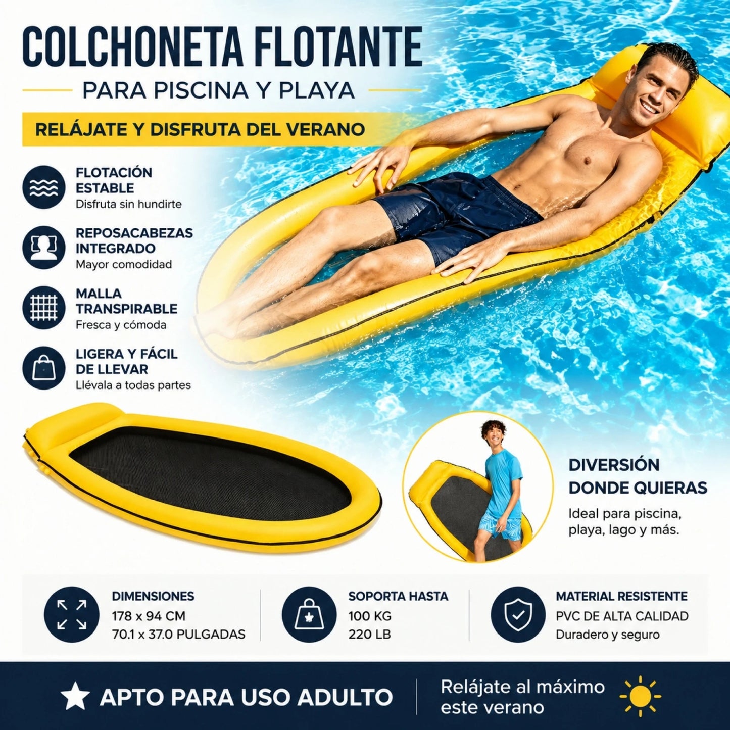 Inflatable adult floating mat 178x94cm integrated headrest breathable mesh durable PVC max load 110kg safety valve pool beach lake easy to inflate foldable summer