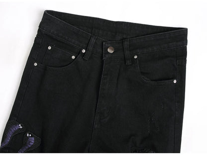 Men Snake Embroidery Jeans Streetwear Black Stretch Denim Pants Holes Ripped Distressed Slim Straight Trousers