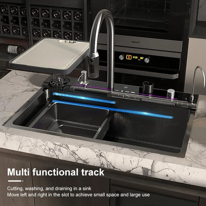 Household Waterfall Digital Display Kitchen Sink Stainless Steel Multifunction Wash Dish and Vegetables Basin Large Single Slot