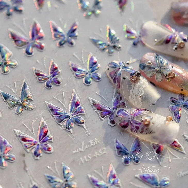 Shiny Jelly Butterfly Charming Golden Gradient Bowknot 5D Self Adhesive Nail Art Sticker Flower Petal Rhinestone Manicure Decals