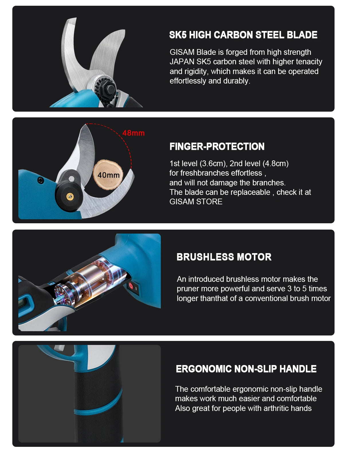 Gisam 1000W 40mm Electric Pruning Shears Brushless Cordless Pruner Shear Garden Tree Branches Cutter For Makita 18V Battery Pins