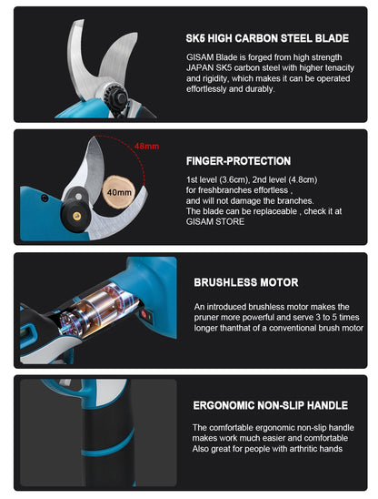 Gisam 1000W 40mm Electric Pruning Shears Brushless Cordless Pruner Shear Garden Tree Branches Cutter For Makita 18V Battery Pins