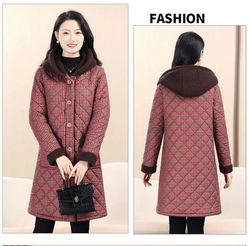 Winter Coat New Vintage Velvet And Thickening Single breasted Cotton Coat for Women Fit Cotton Clip Warm Long Parka Plaid Coat