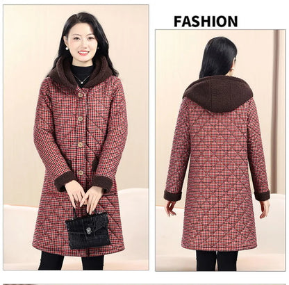 Winter Coat New Vintage Velvet And Thickening Single breasted Cotton Coat for Women Fit Cotton Clip Warm Long Parka Plaid Coat