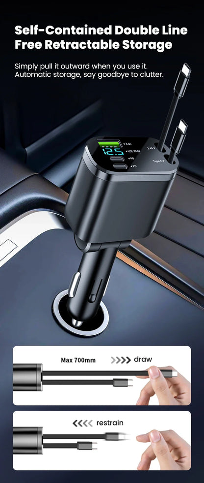 5 in 1 150W Car Charger Voltage Display PD30W Super Fast Charging 22.5W With Retractable Cable For IPhone Xiaomi Samsung