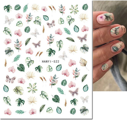 3d Nail Art Decals Watercolor Florals Purple Green Pink Flowers Leafs Fruit Adhesive Sliders Nail Stickers For Manicure