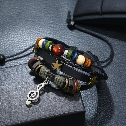 High-end Men And Women Beads Leather Bracelet Vintage Bracelet Bracele Bracelet Star Note Bracelet Musical Adjustable Multi F9J3