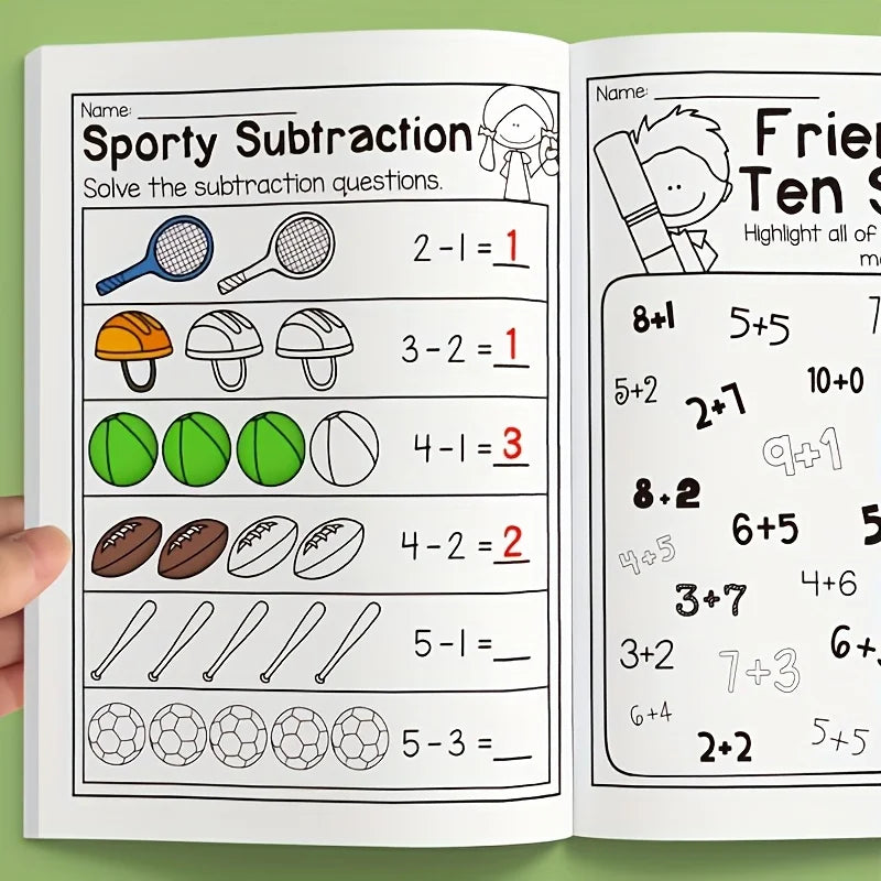 32-Page Interactive Math Learning Workbook with Addition & Subtraction Worksheets, Crossword Puzzles, Colorful Math Activities
